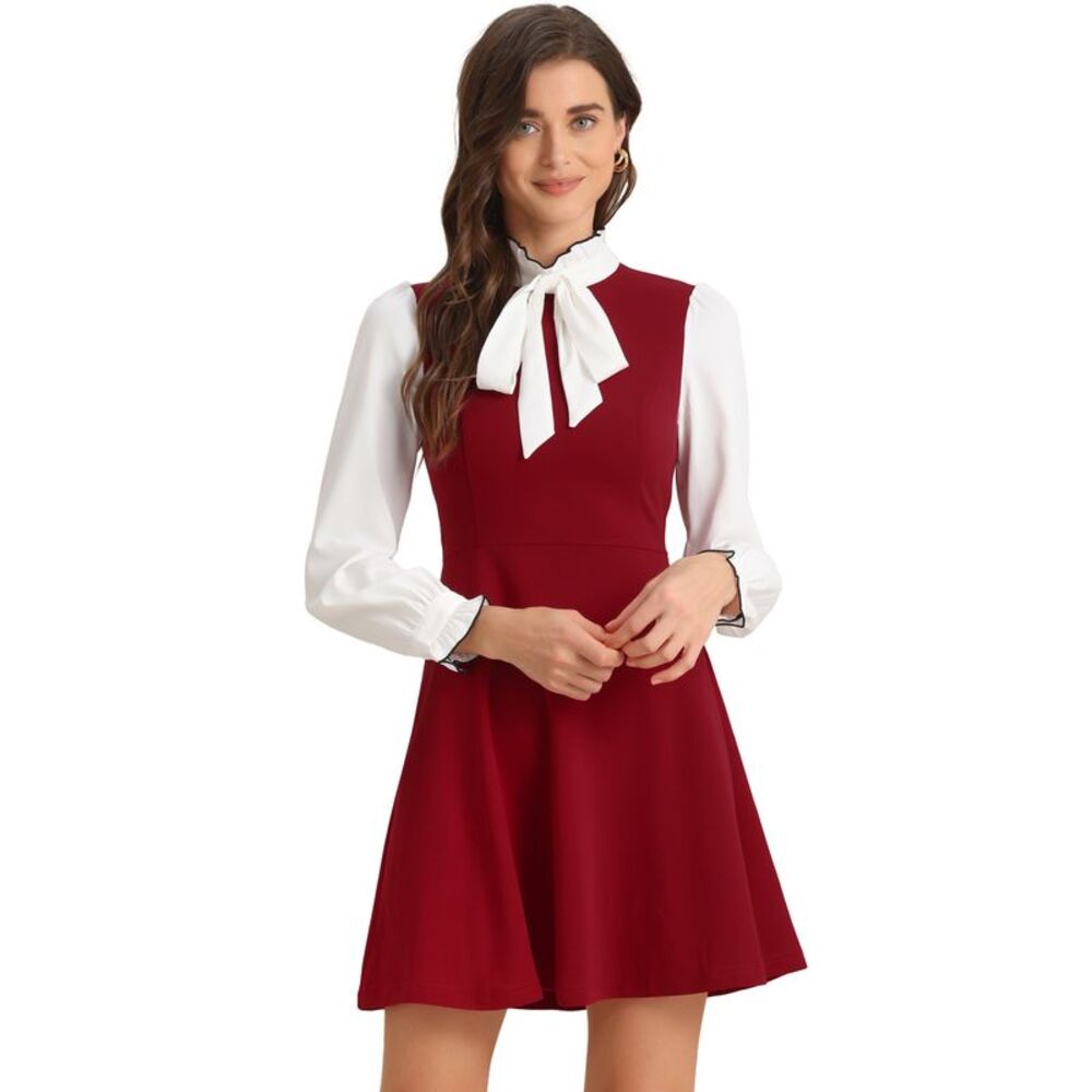 Contrast Color for Vintage Long Sleeve Tie Neck Dress Red
